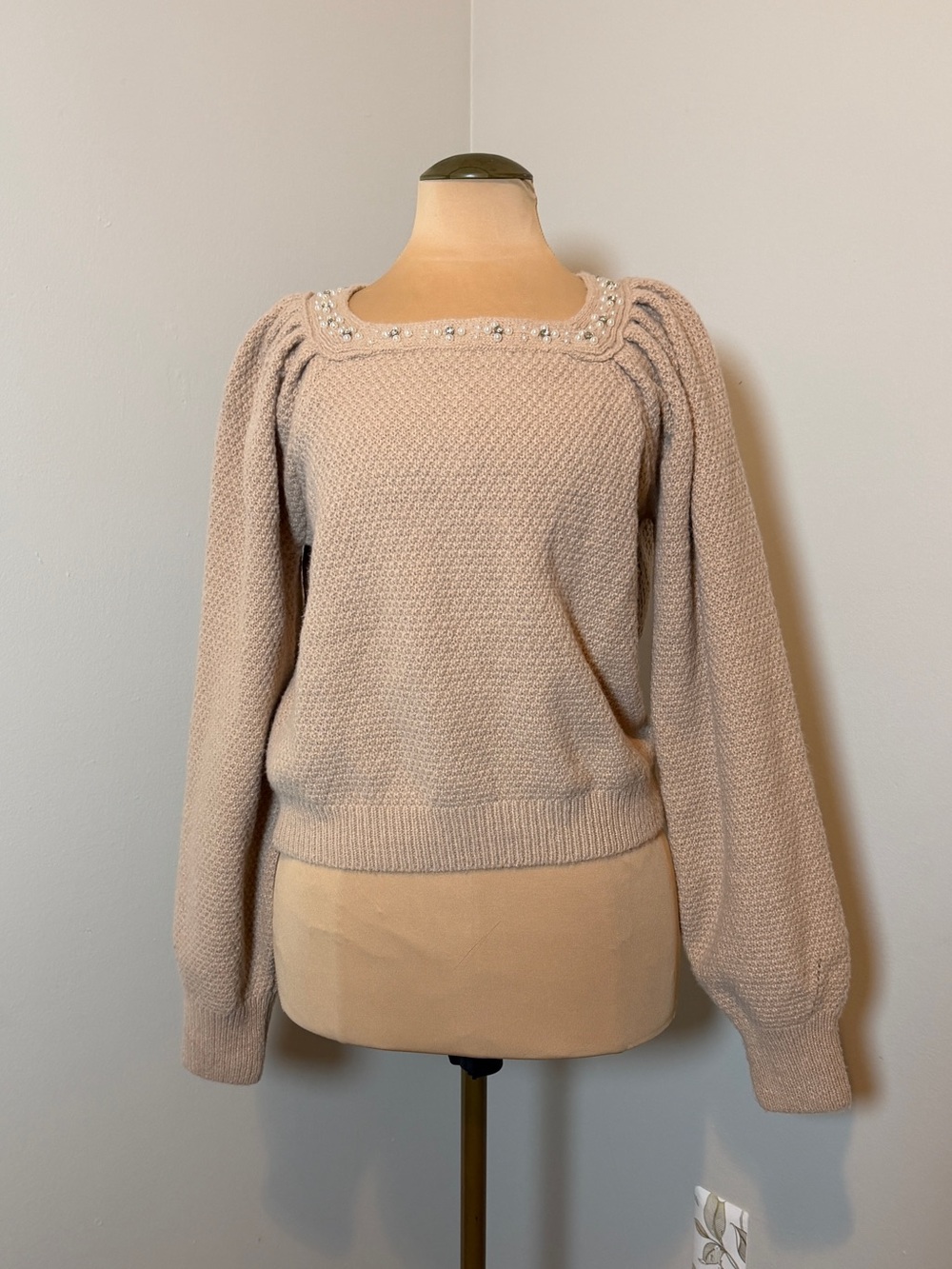 Pearl-Embellished Cream Scoop Neck Sweater